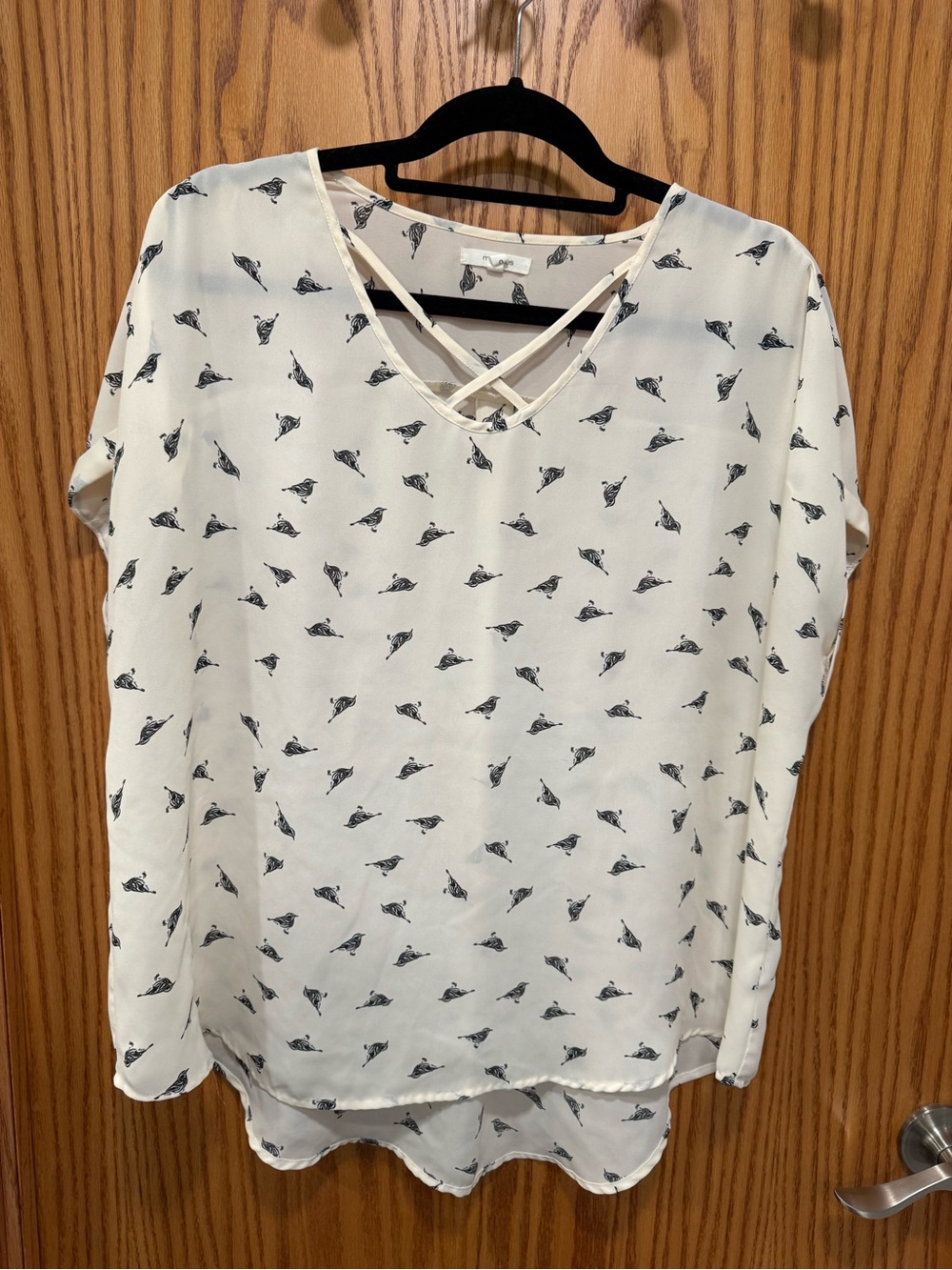 Maurices Cream Blouse with Navy Bird Print and Crisscross V-Neck